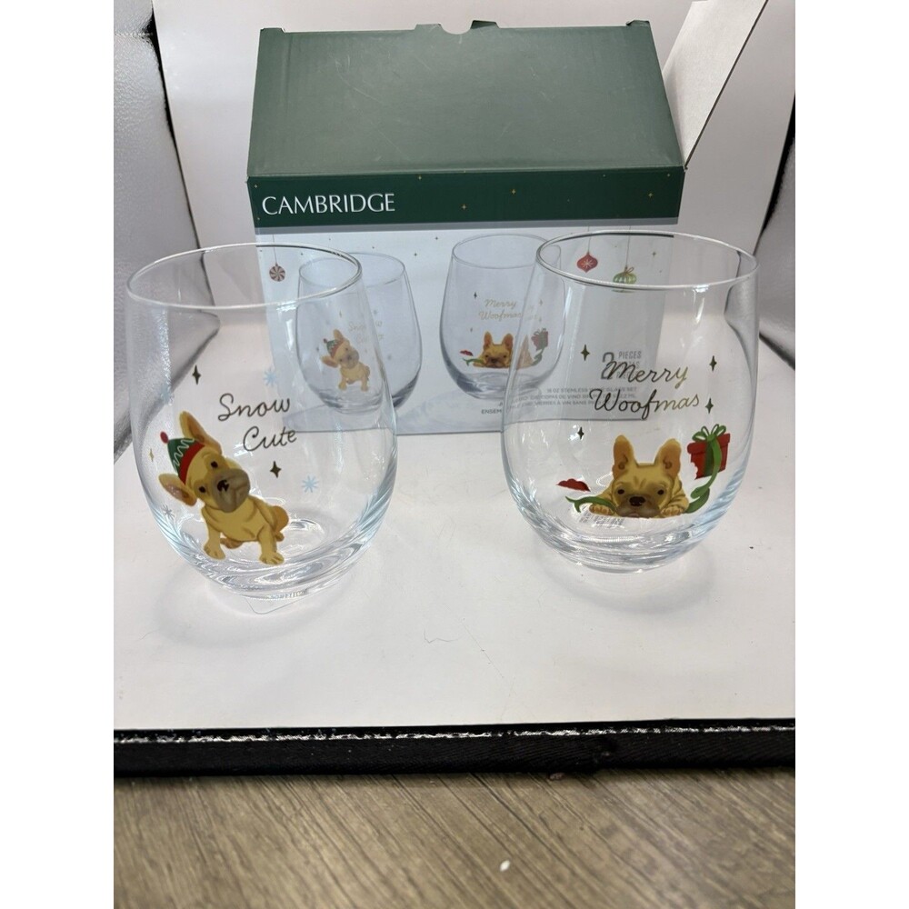 Cambridge French Bulldog Christmas Stemless 18oz Wine Glasses Set Of 2  NIB